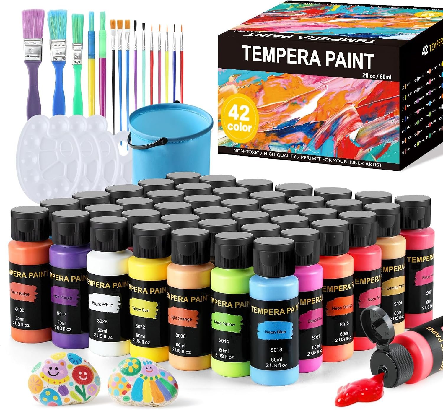 TMOL Washable Paint for Kids 42 Colors,Non-Toxic, Safe & Washable for Toddlers, Tempera Paint with Brushes, Palette & Bucket, School Project Art Supplies