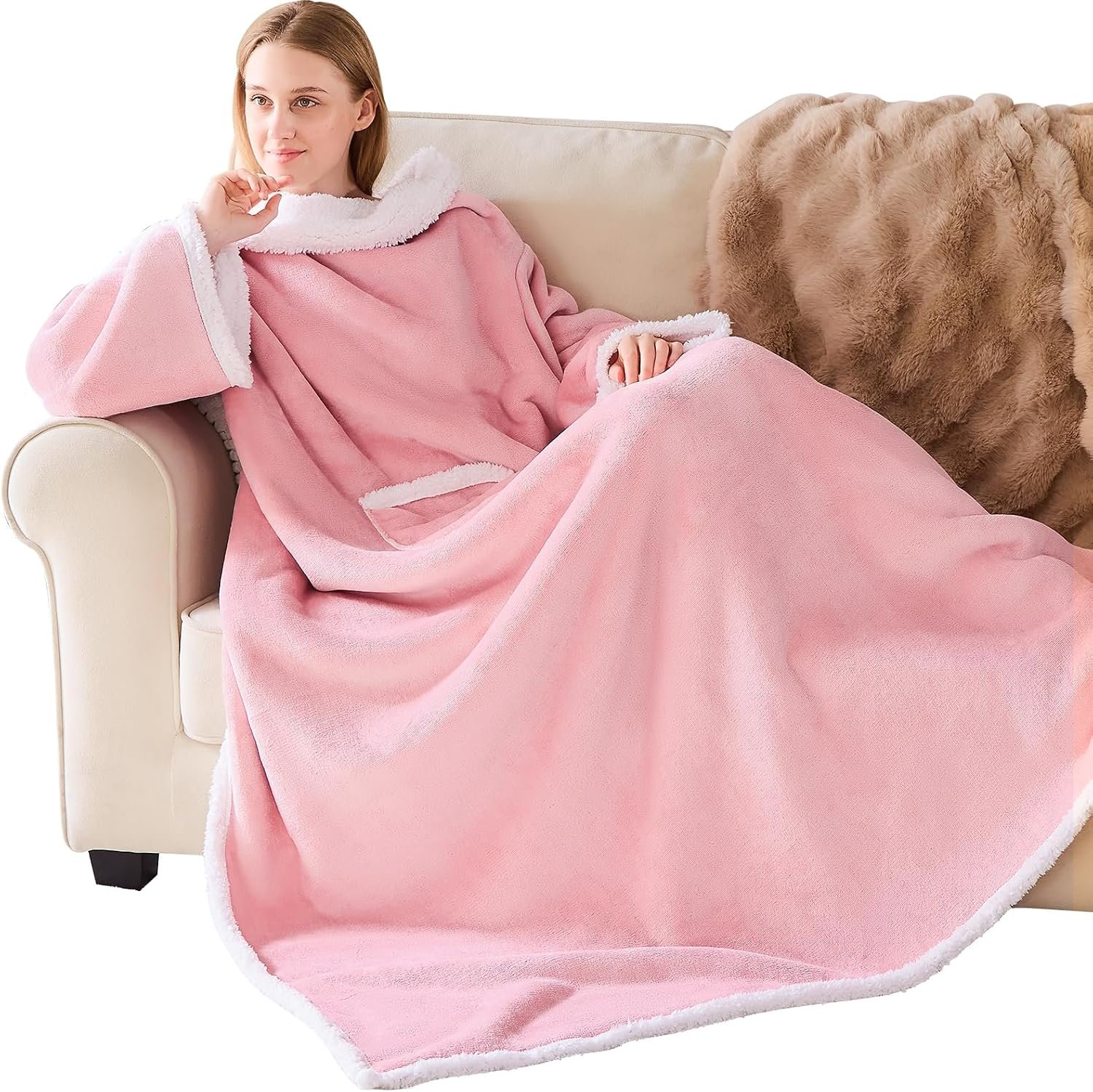 IFNOW Sherpa Wearable Blanket with Sleeves, Oversized Snuggle Robe, Pink