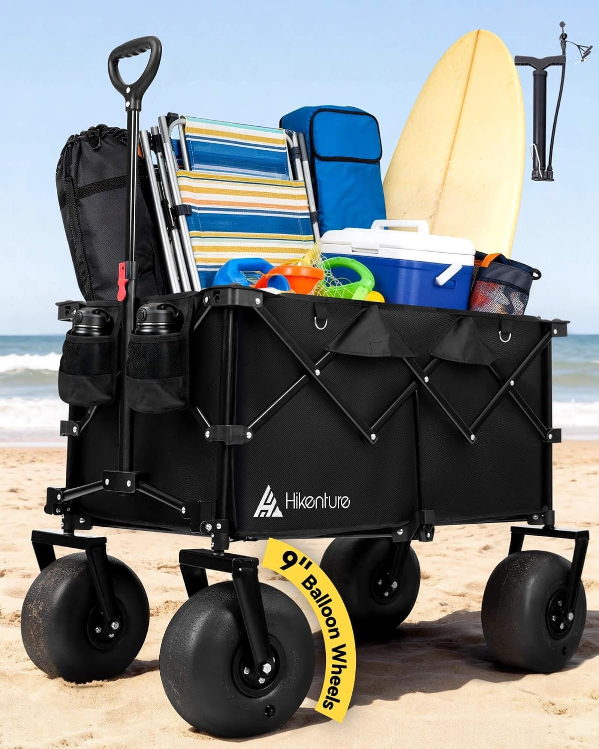 Hikenture Beach Wagon with Balloon Wheels, 9″ PU Tires Collapsible Wagon
