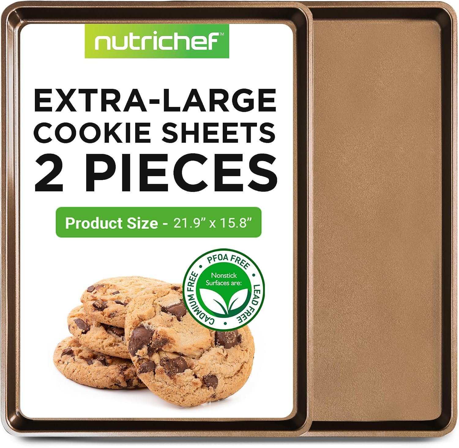 NutriChef 2-Piece Nonstick XL Cookie Sheets for Baking – 22″ x 16″ Stackable Extra Large Baking Sheet – Carbon Steel Baking Pans, PFOA, PFOS, PTFE Free- NCLGBP28
