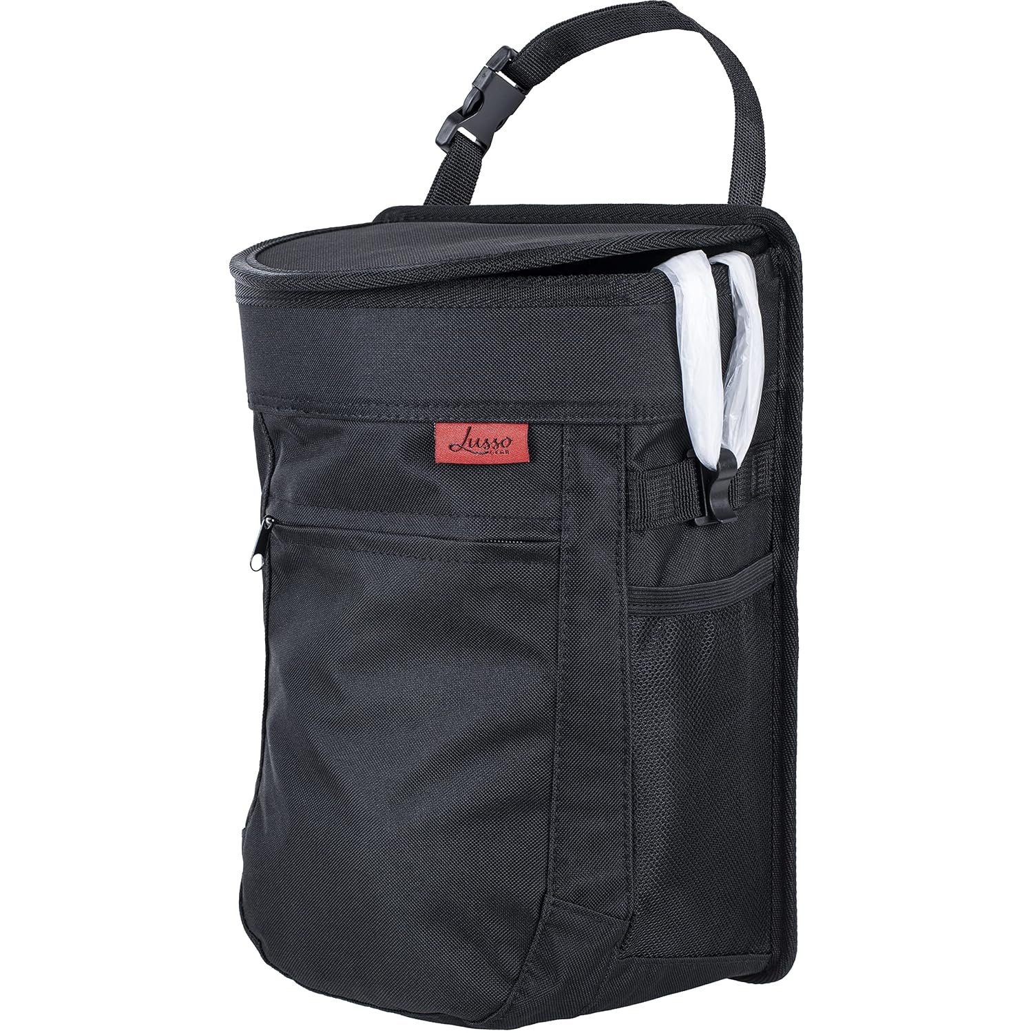 Lusso Gear Car Trash Can – 2.5-Gallon, Black, Round – Leak-Proof & Spill-Proof Lid & Waterproof Removable Liner – Hanging Car Trash Bin & Organizer for SUV, Truck & Minivan