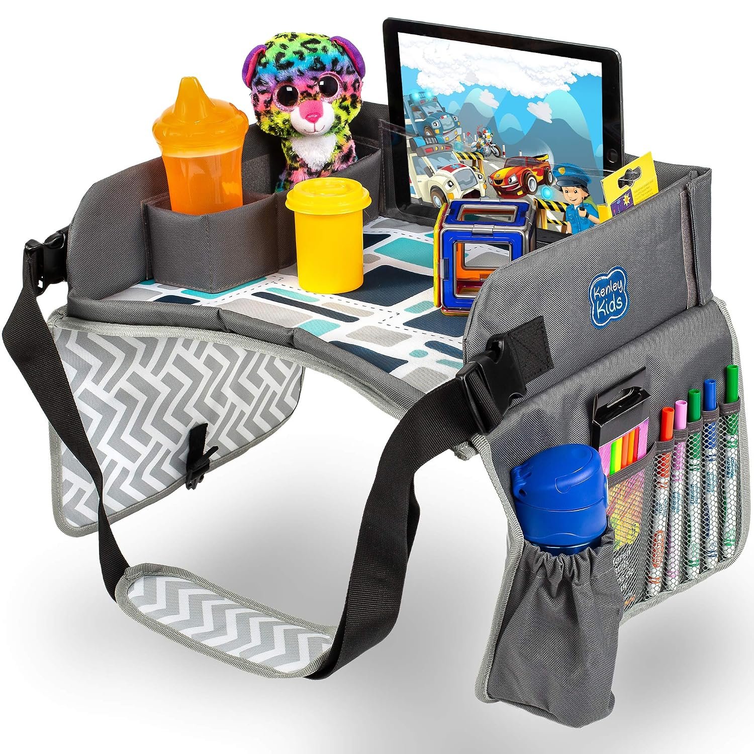 Kenley Kids Travel Tray, Toddler Car Seat Lap Tray, Road Trip Essentials Activity Table (Blue/Gray)