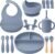Silicone Baby Feeding Set 14 Pcs,Baby Led Weaning Supplies, Baby Spoons Suction Bowl Divided Plate Bib Cup Finger Brush,First Stage Solid Food Eating Utensils – 6+ Months(Blue Gray)