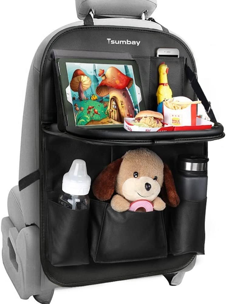 Tsumbay Car Backseat Organizer with Tablet Holder,9 Storage Pockets Foldable Table Tray Seat Back Protectors Kick Mats -PU Leather 1Pck