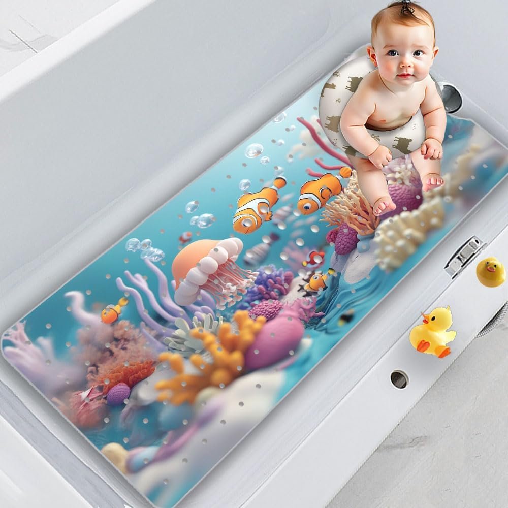 Baby Bath Mat for Tub Non Slip Kids Bath Mat – 40”x16” Extra Long Cartoon Marine style Bathtub Mat Non Slip Kids Shower Mat Eco-Friendly Toddler Bath Mats with Suction Cups，Machine Washable