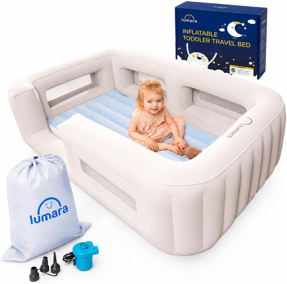 LUMARA Inflatable Toddler Travel Bed – Kids Air Mattress with 4-Sided Bumpers and Electric Pump – Portable Toddler Bed for Travel – Inflates in 1-2 Minutes – for Home, Hotels, and Camping