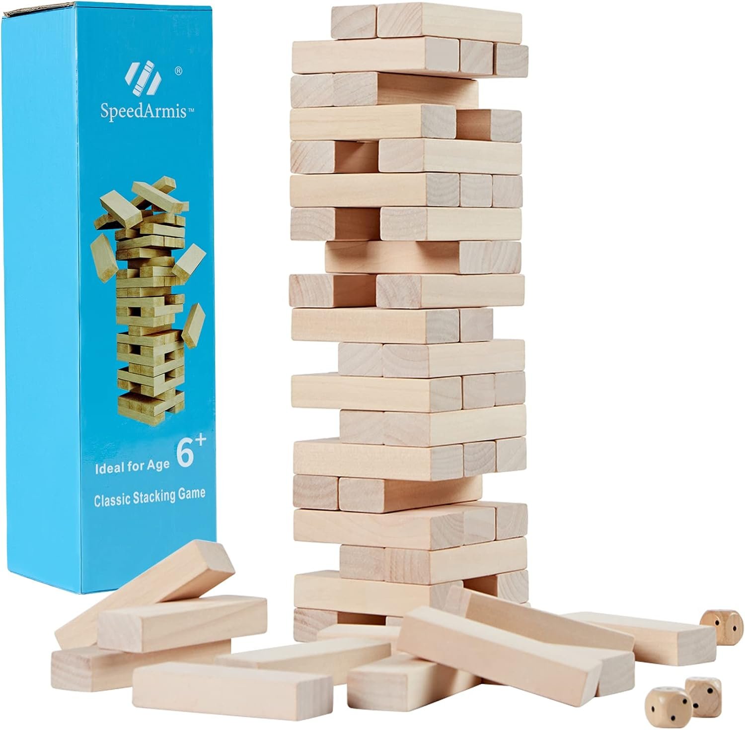 SpeedArmis Mini Tumble Tower, 54PCS Wooden Stacking Game with 4 Dice Set