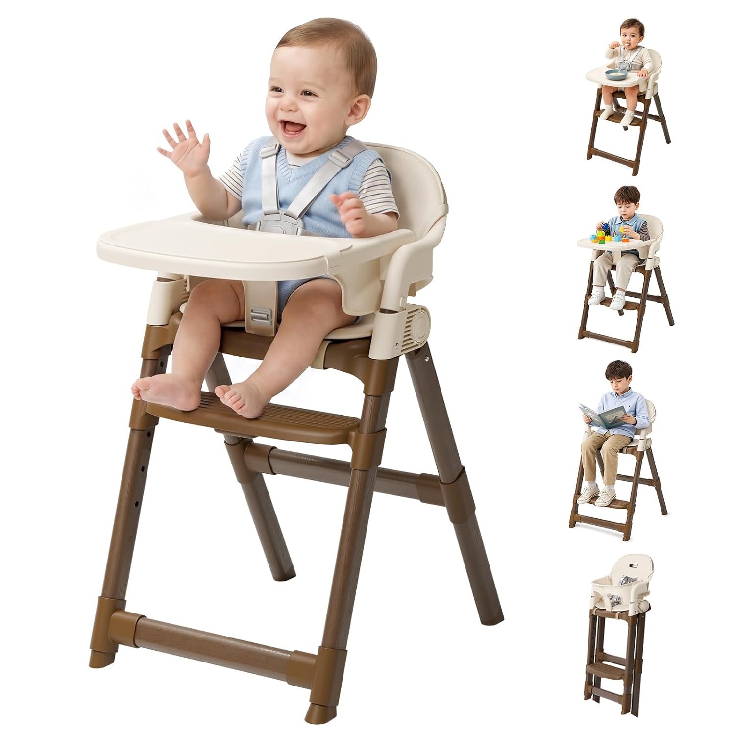 High Chair for Babies and Toddlers, Convertible Baby High Chair with Easy Clean Removable Tray, Multi-Use Foldable Highchair with Adjustable Legs (Beige)