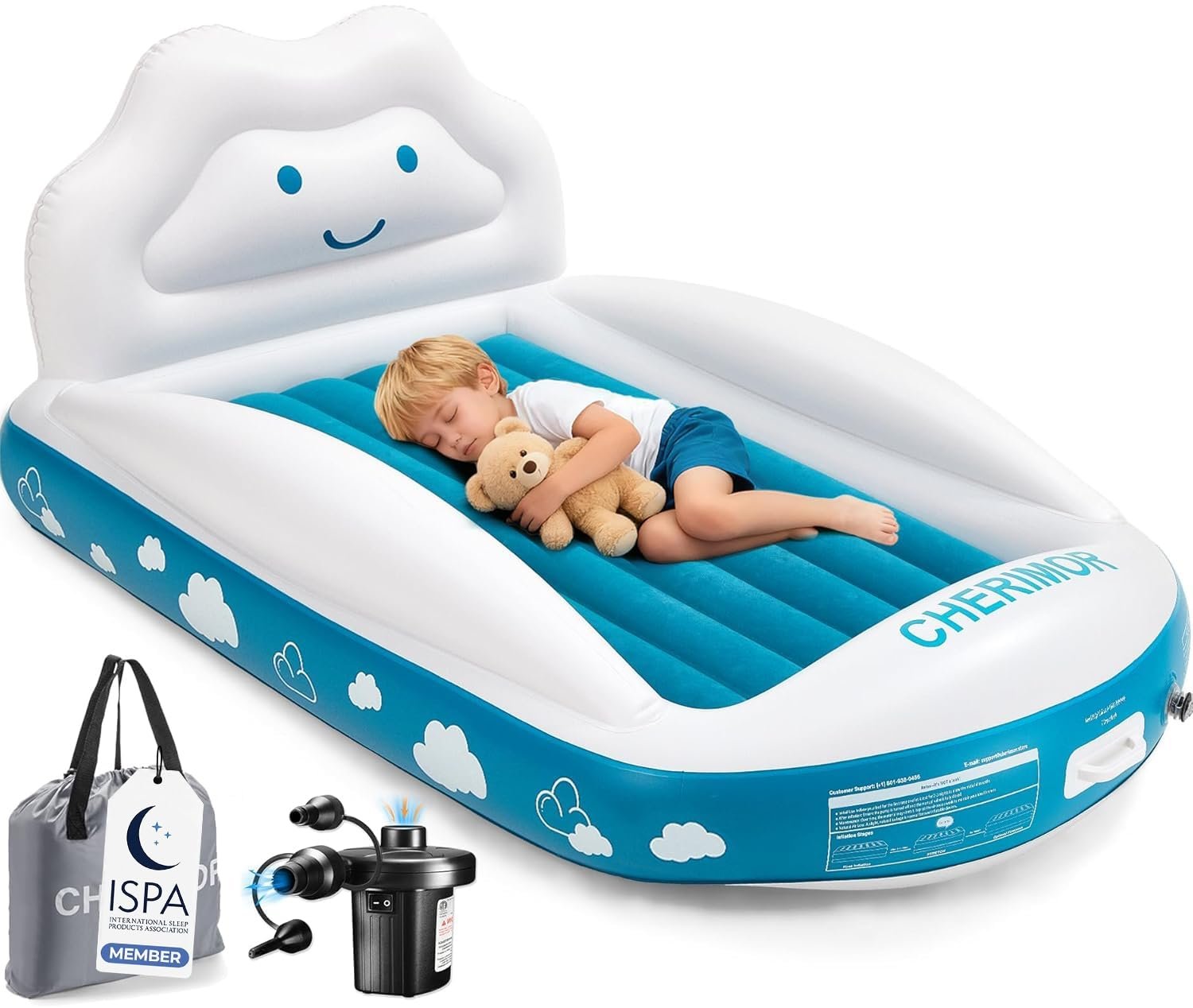 CHERIMOR Inflatable Toddler Travel Bed with Safety Bumpers & Electric Pump