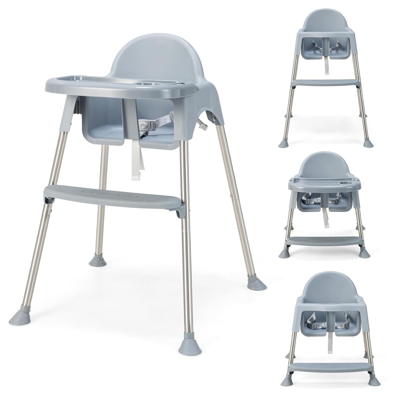 HONEY JOY Baby High Chair, 4 in 1 Convertible Highchair for Babies and Toddlers, Adjustable Legs, Double Removable Tray & Footrest, 3-Point Safety Harness for Infants Boys Girls (Gray)