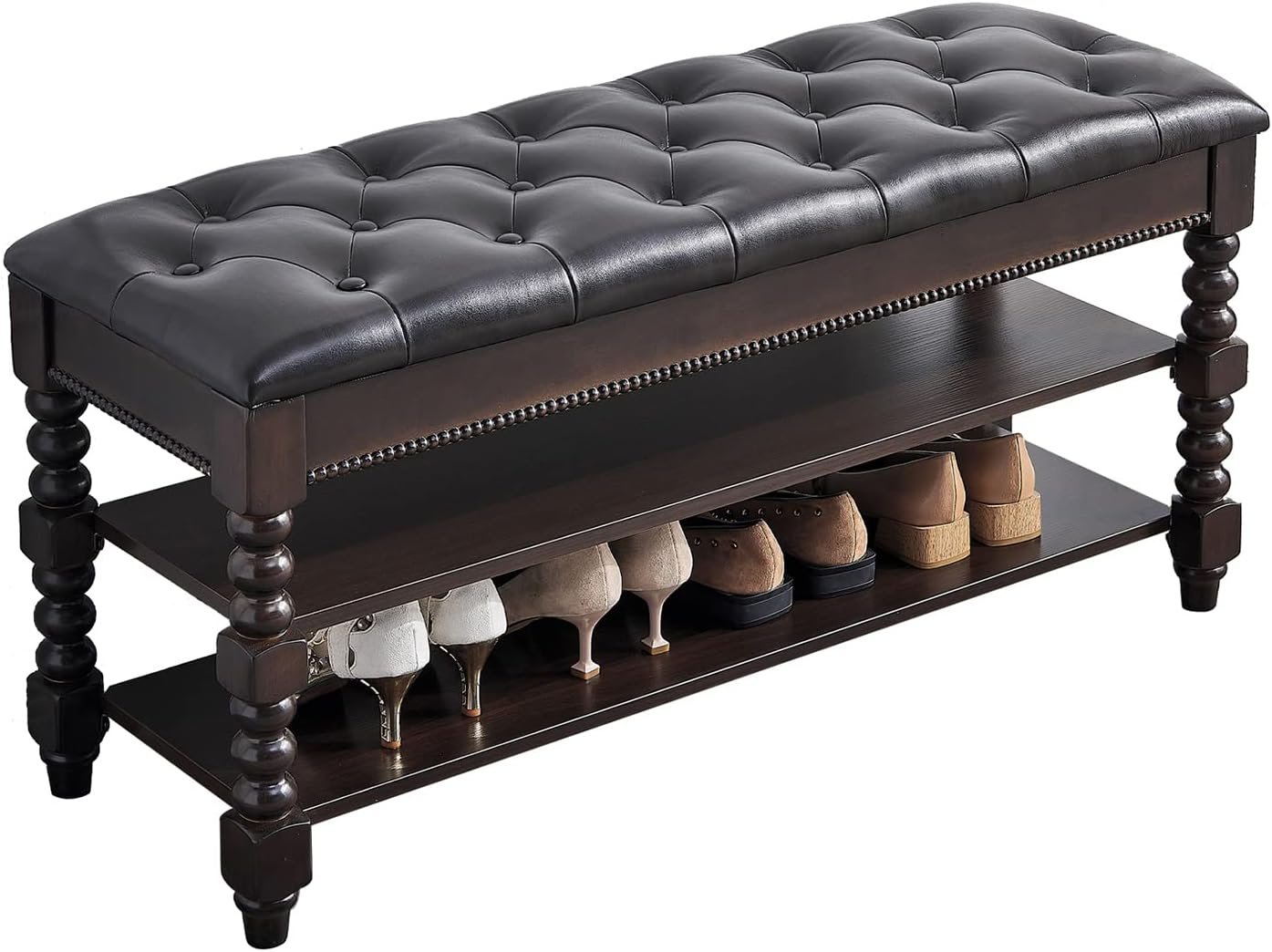Shoe Storage Bench, Entryway Shoe Rack with Leather Seat 2-Tier Lift-top Organizer Wooden Bench for Foyer Bedroom Living Room Accent Furniture (39.4”)