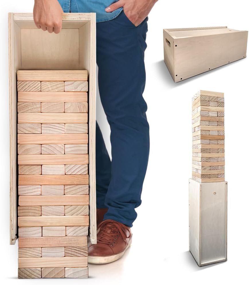 SWOOC Games® – Giant Tower Game with 3-in-1 Straightener, Table & Storage Box – 90% Faster Set Up with Transforming Box & Straightener – Starts At 2-4ft – Grows to Over 6ft – Large Outdoor Yard Games