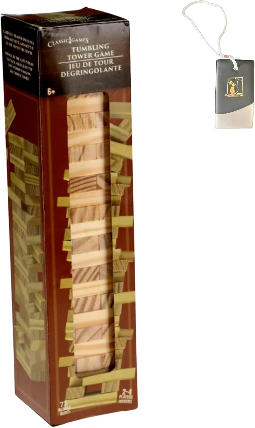 KS Tumbling Tower Game 72 Pieces Challenging Building Blocks Wood Stacking Balancing Backpacking Night Game for House Parties Holiday Travel Set – Pack of 1 with Custom KS Luggage Tag