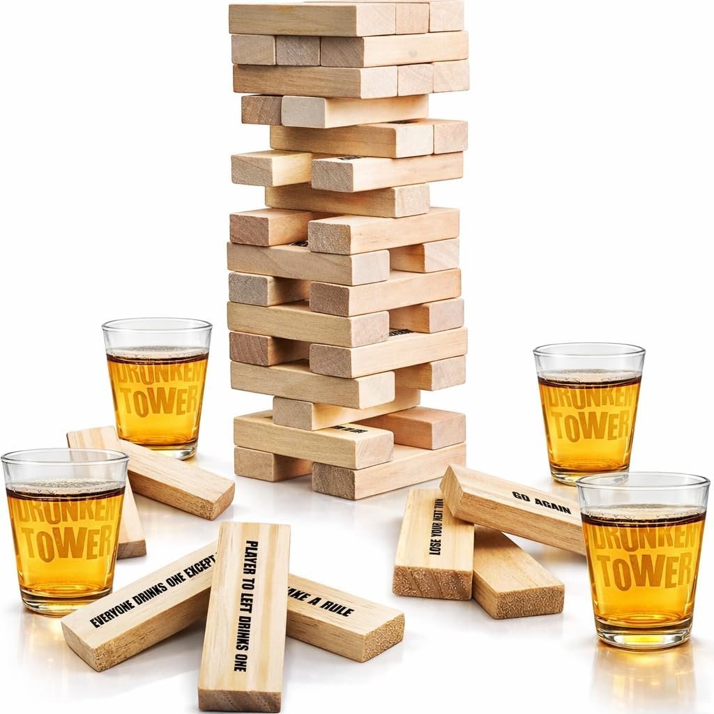 Gamie Tumbling Tower Drinking Games for Adults, with 4 Glasses and 48 Wooden Blocks with Challenges, Fun House Adult Party Games for Game Night, Great Gift Idea for Everyone