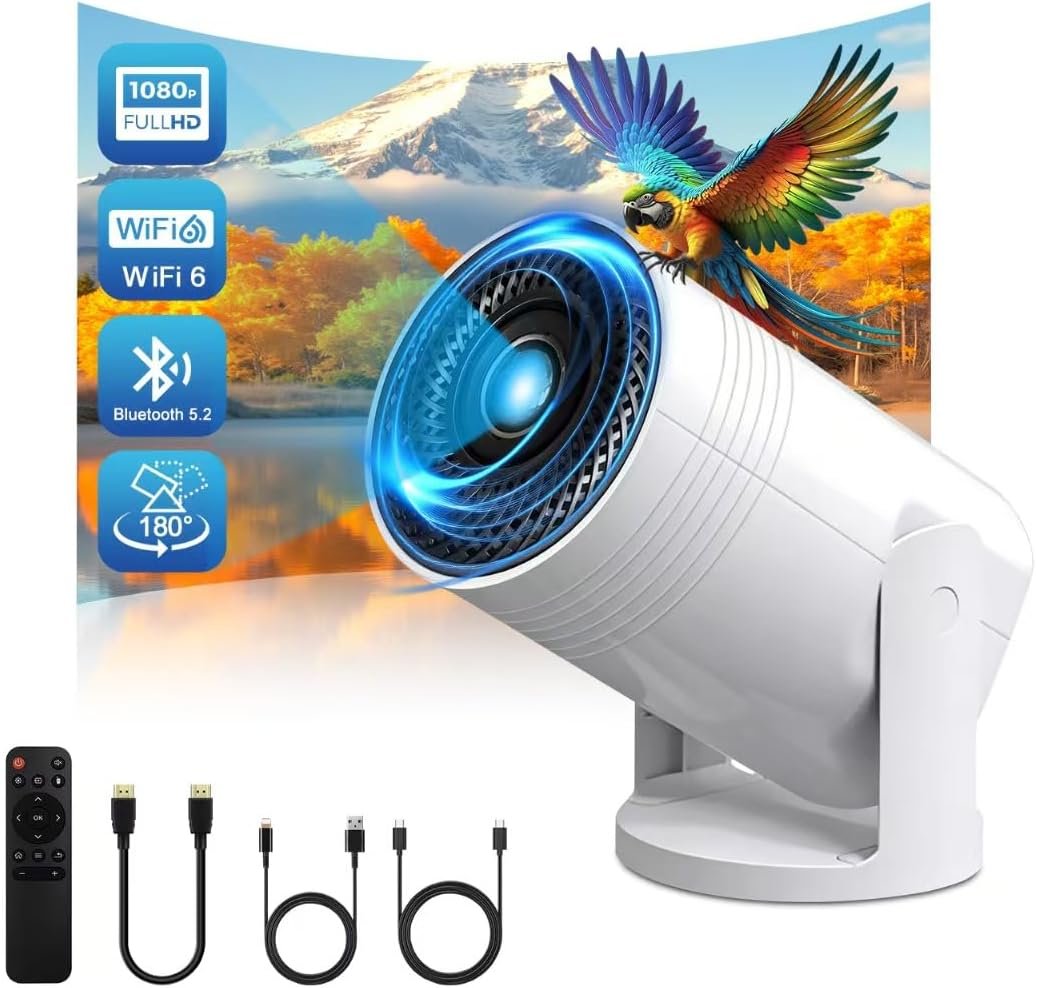 Wireless Mini Projector with WIFI 6 and Bluetooth, 4K 1080P Support Portable Projector 180° Rotatable. 17″-130″ Screen Video Projector. Compatible for Smartphone, Laptop, PC(Q6 mate)