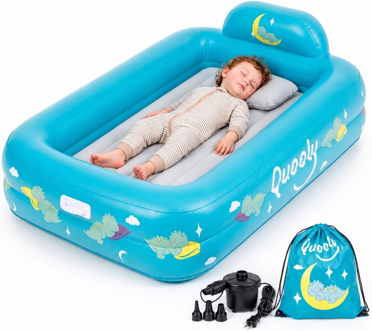 Inflatable Toddler Travel Bed with Electric Pump – Portable Toddler Bed & Toddler Air Mattress for Kids 2-7, Blow Up Bed for Camping, Travel & Sleepovers with Safety Bumpers
