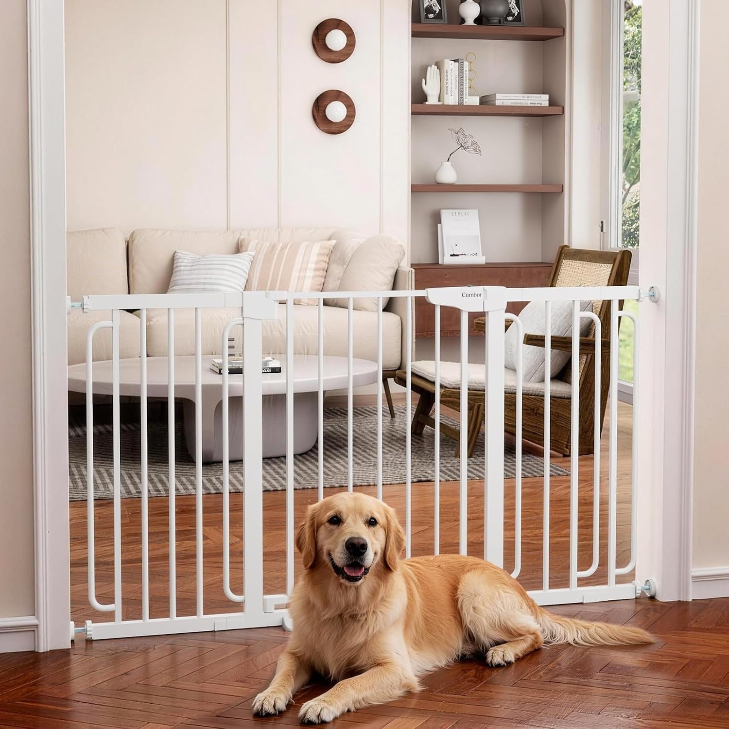 Cumbor 30.4-56.8″ Extra Wide Baby Gate, Auto Close Dual Lock Dog Gate White