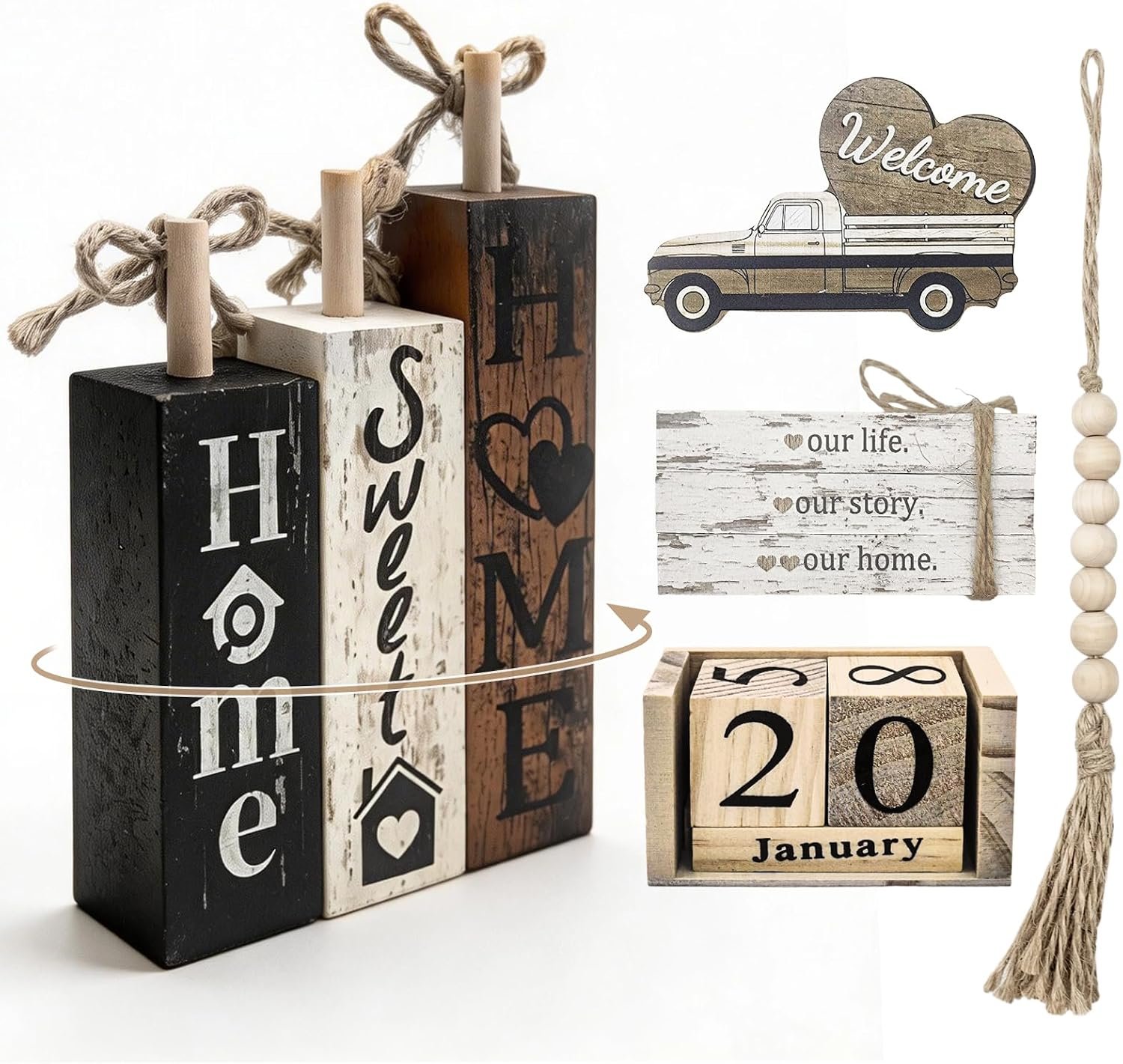10 Pcs S Double Sided Farmhouse Table Decor Wooden Rustic, Our Home Our Story Life Wooden Book Stack Decor, Home Sweet Home Stacked Blocks Sign for Kitchen Shelf Coffee Table