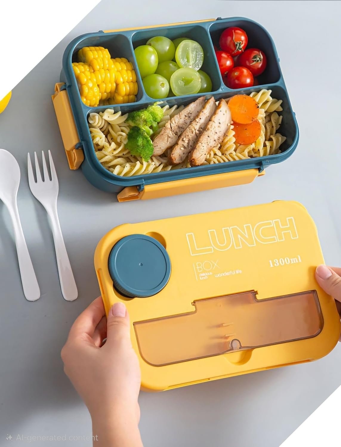 Bento Lunch Box for Kids with 4 Compartments 1300 ml (44 OZ), Utensils and Leak-Proof Lid, Microwave and Dishwasher Safe, Bento Box Adult Blue and Yellow