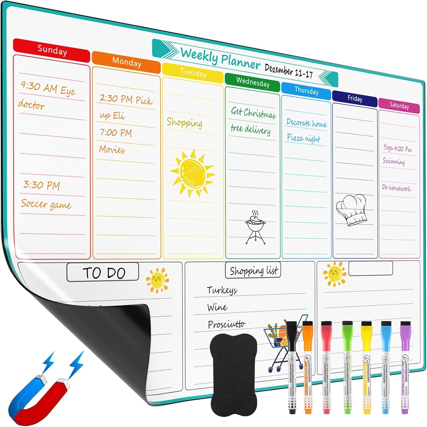 MaxGear Weekly Dry Erase Board for Fridge, 16″x12″ Magnetic Calendar