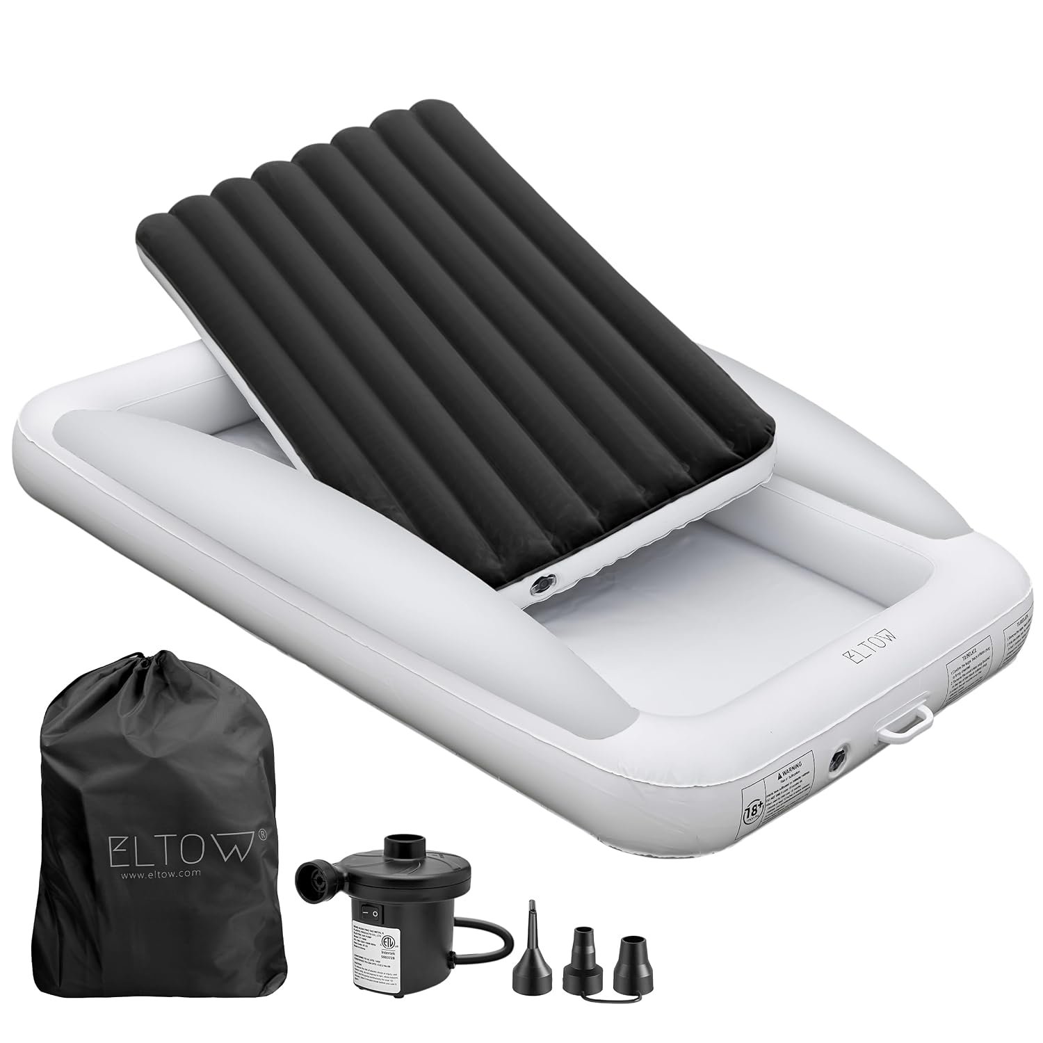 ELTOW Toddler Blow-Up Mattress with Sides, Inflatable Toddler Travel Bed with Safety Bumpers, Portable Kids Air Mattress for Travel, Complete Set with High-Speed Pump & Carry Bag – Black