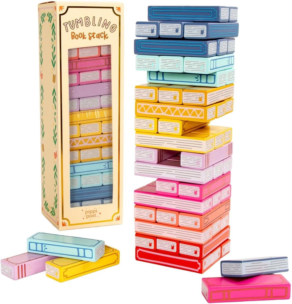 Pippi Post Tumbling Book Stack Game, 51 Wooden Blocks, Bibliophiles Game