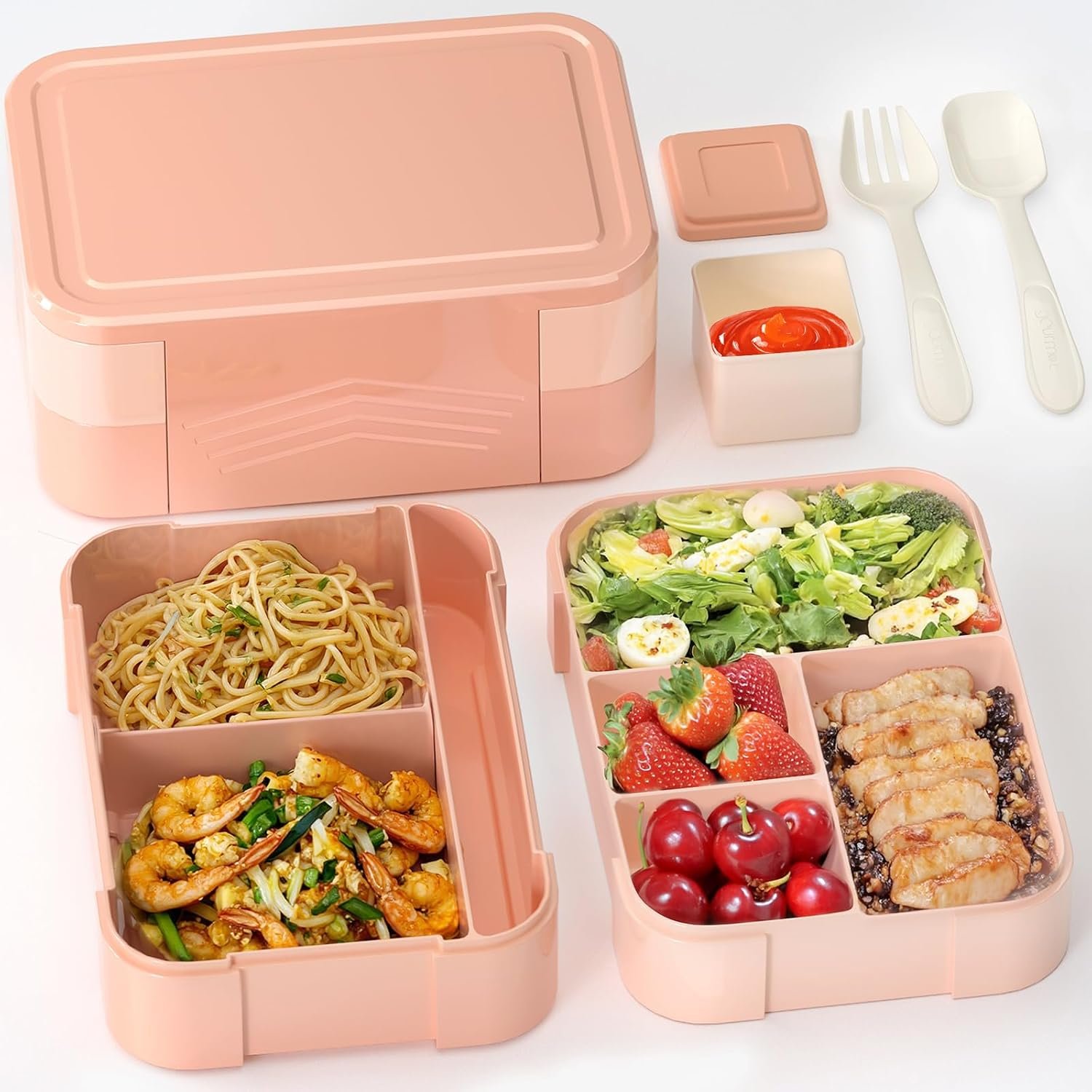 Otlonpe Bento Box for Kids Teens Girls Boys, 6 Compartments, Adult Lunch Box for Women, 2-Layer Leak-Proof, Food Safe Lunchbox BPA-Free, Lunch Boxes Set with Sauce Container Spoon Fork (Pink)