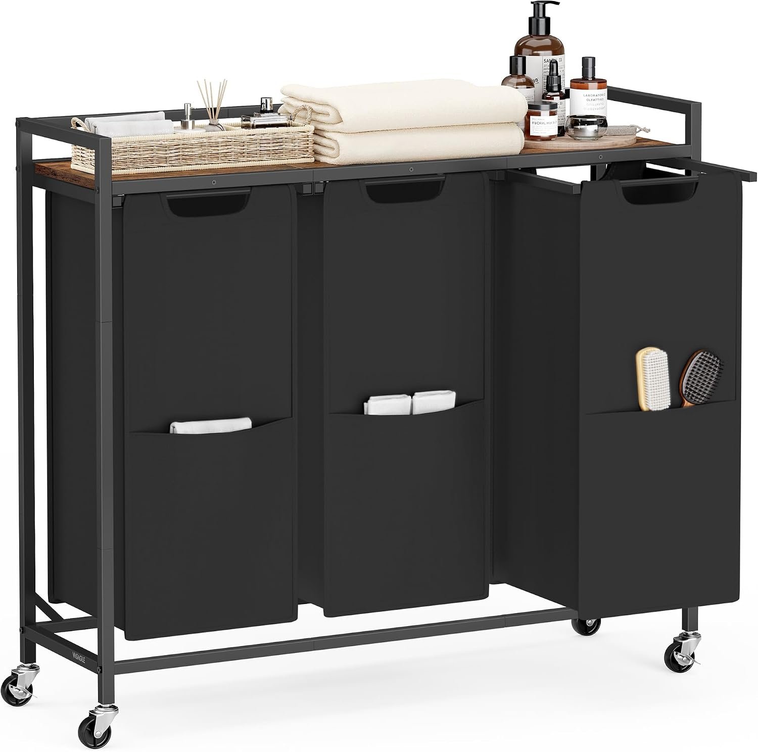 VASAGLE Laundry Sorter 3 Section, Rolling Cart with Shelf 43.5 Gal. (165 L)