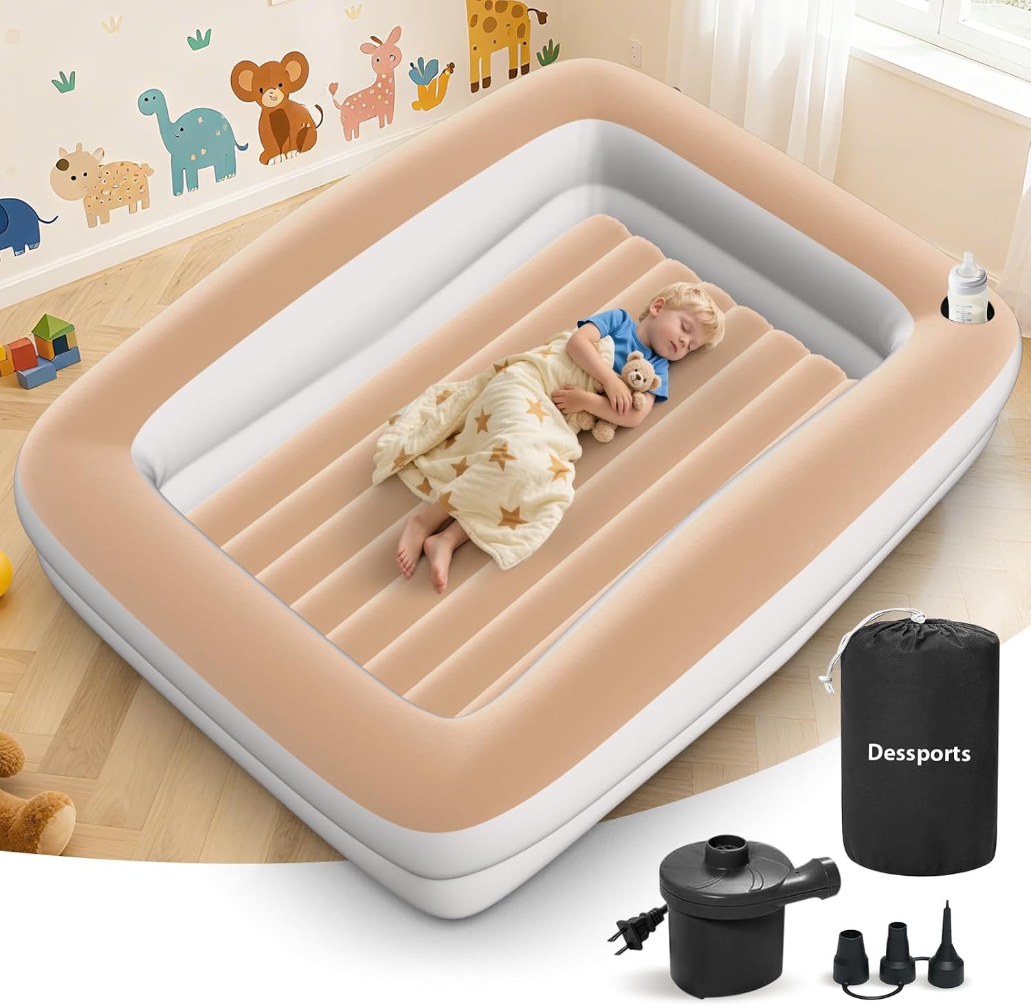 Inflatable Toddler Travel Bed – 67 Inches Portable Blow Up Bed with Safety Sides – Kids Air Mattress with Electric Pump & Carry Bag – Lightweight Camping Essential Bed for Sleeping Outddor – Khaki