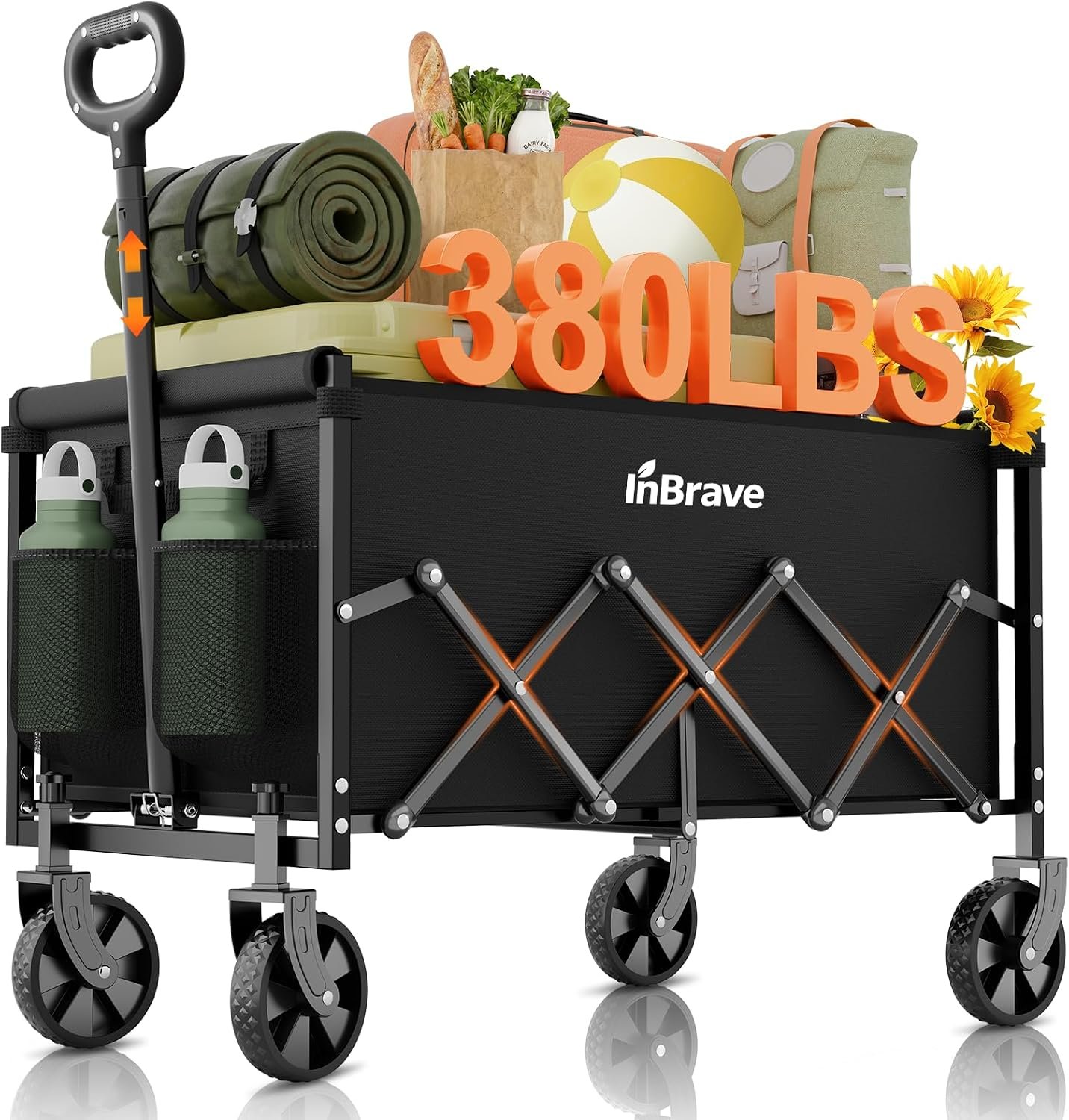 Collapsible Wagon Cart with All-Terrain Wheels, 380LBS, Black