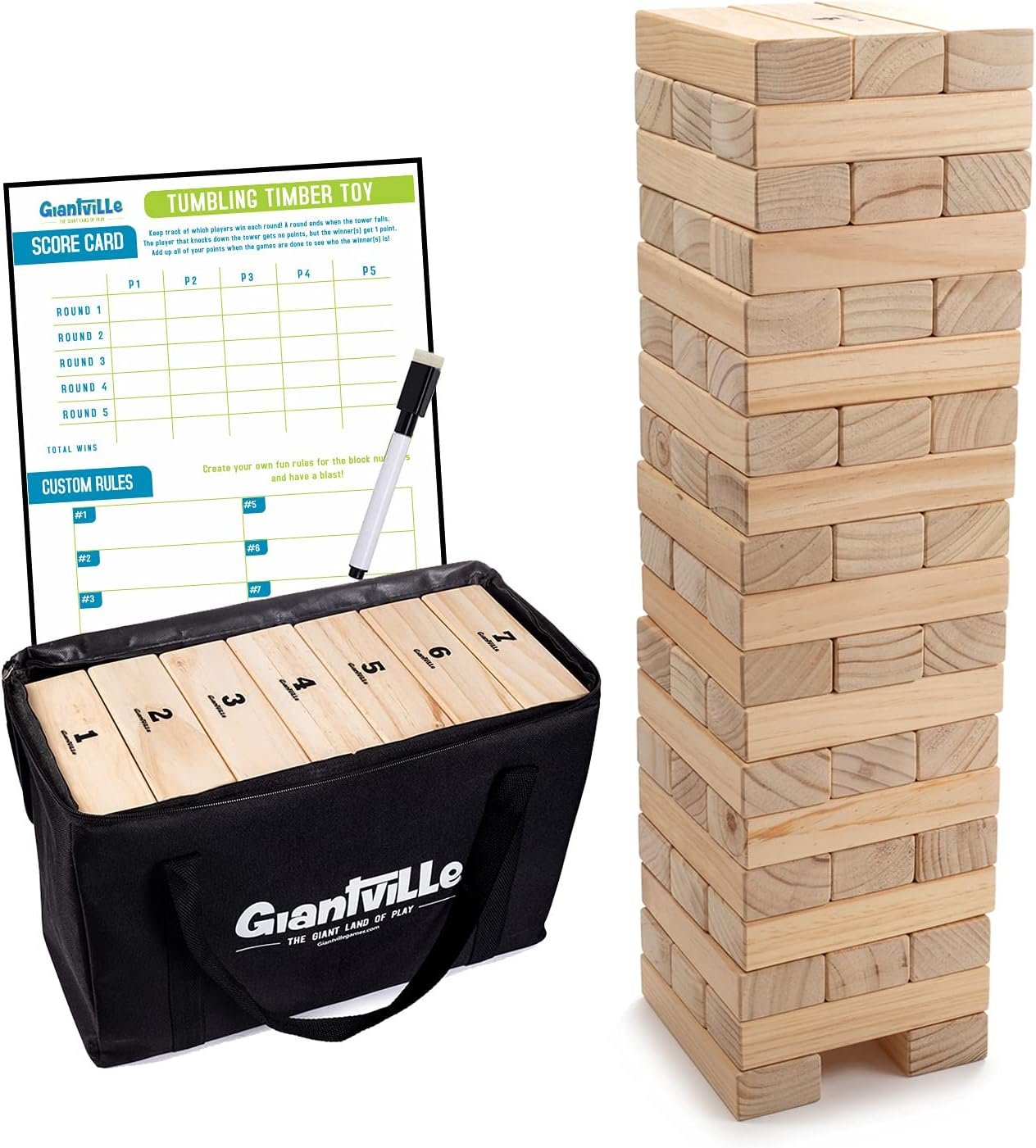 Giant Tumbling Timber Toy – Jumbo JR. Wooden Blocks Floor Game for Kids and Adults, 56 Pieces, Premium Pine Wood, Carry Bag – Grows from 2-feet to Over 4-feet While Playing, Life Size Yard Tower Game