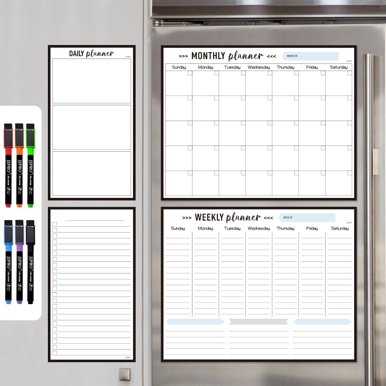 JJPRO Non-Magnetic Dry Erase Calendar for Fridge, Reusable Monthly Calendar, Weekly Planner,Daily/To Do List Whiteboard Bundle -14.5″x11.5″ Reusable Calendars Stick to Fridge,Wall, All Smooth Surfaces