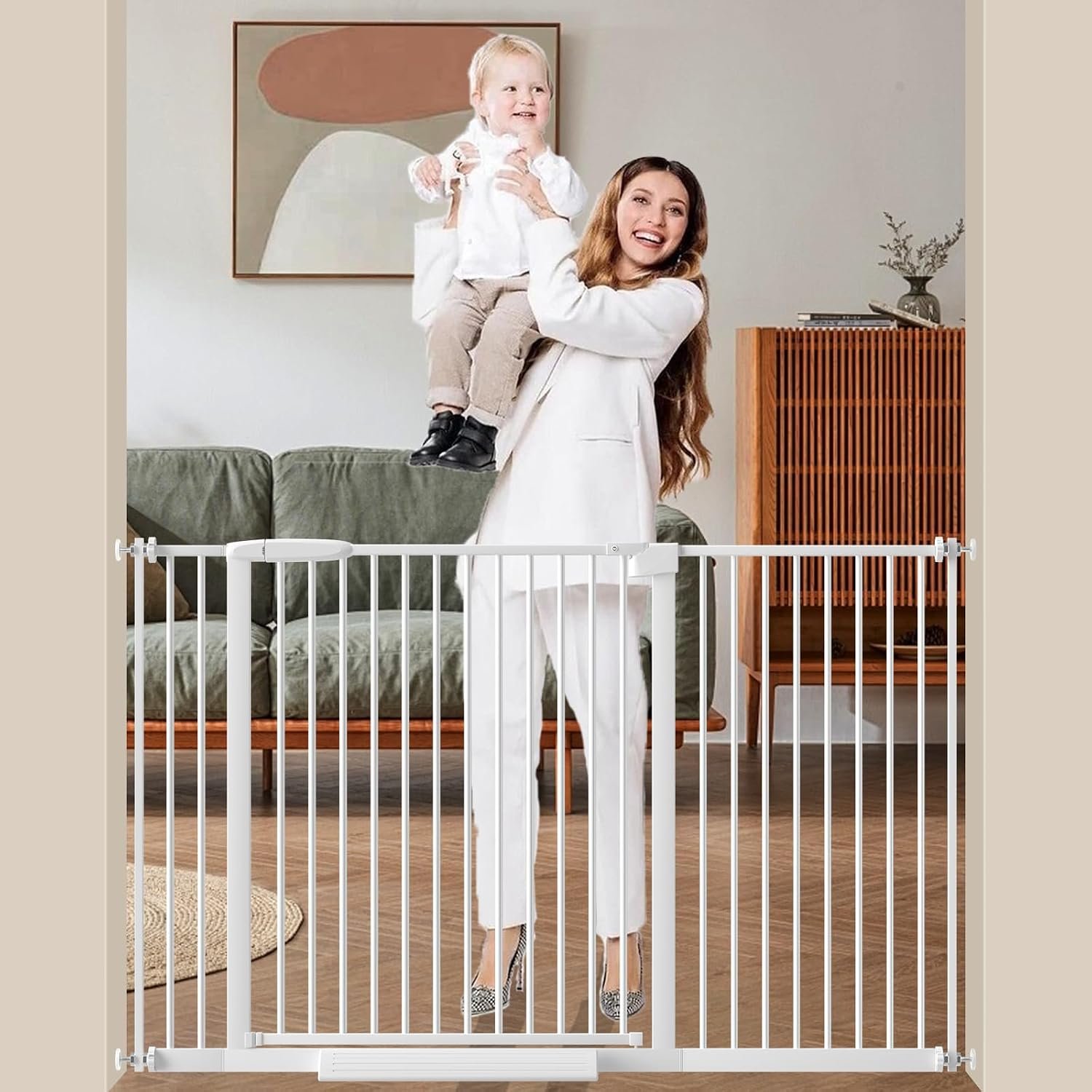 DEARBB Extra Wide Baby Gate Ultra Narrow Spacing 30.11-77.36″ Pressure Mounted Double Lock Swing Auto Close Walk Through Metal Safety Pet Gate for Stairs and House Doorway Kitchen
