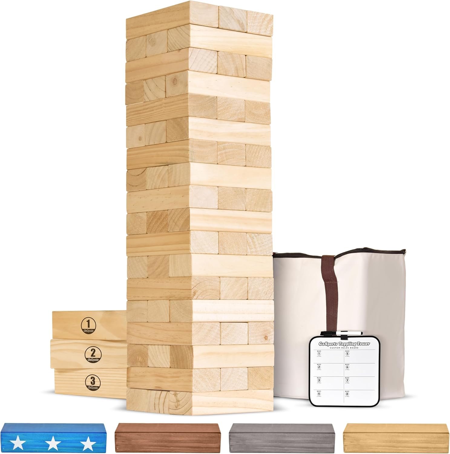 GoSports Giant Wooden Stacking Game – Stacks Up to 5 ft – Choose Brown Wood Stain, Gray, Natural, Stars & Stripes, or Tropical Hardwood – Toppling Tower
