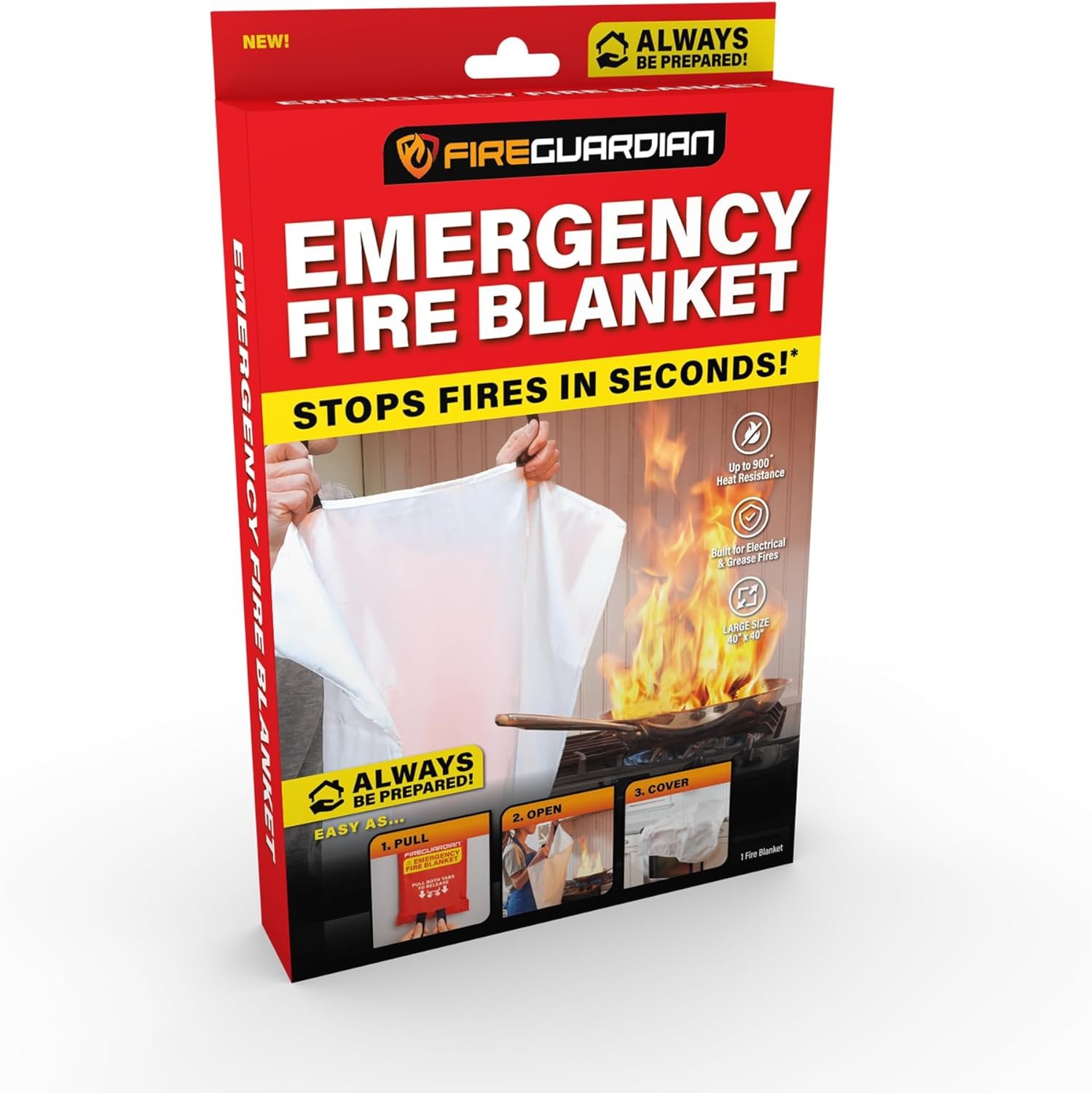 Fire Guardian Emergency Fire Blanket for Small Area Fires, 40″ x 40″ Woven Fiberglass Emergency Blanket, Provides up to 900°F Heat Resistance, Suitable for Small Area Home & Kitchen Fires
