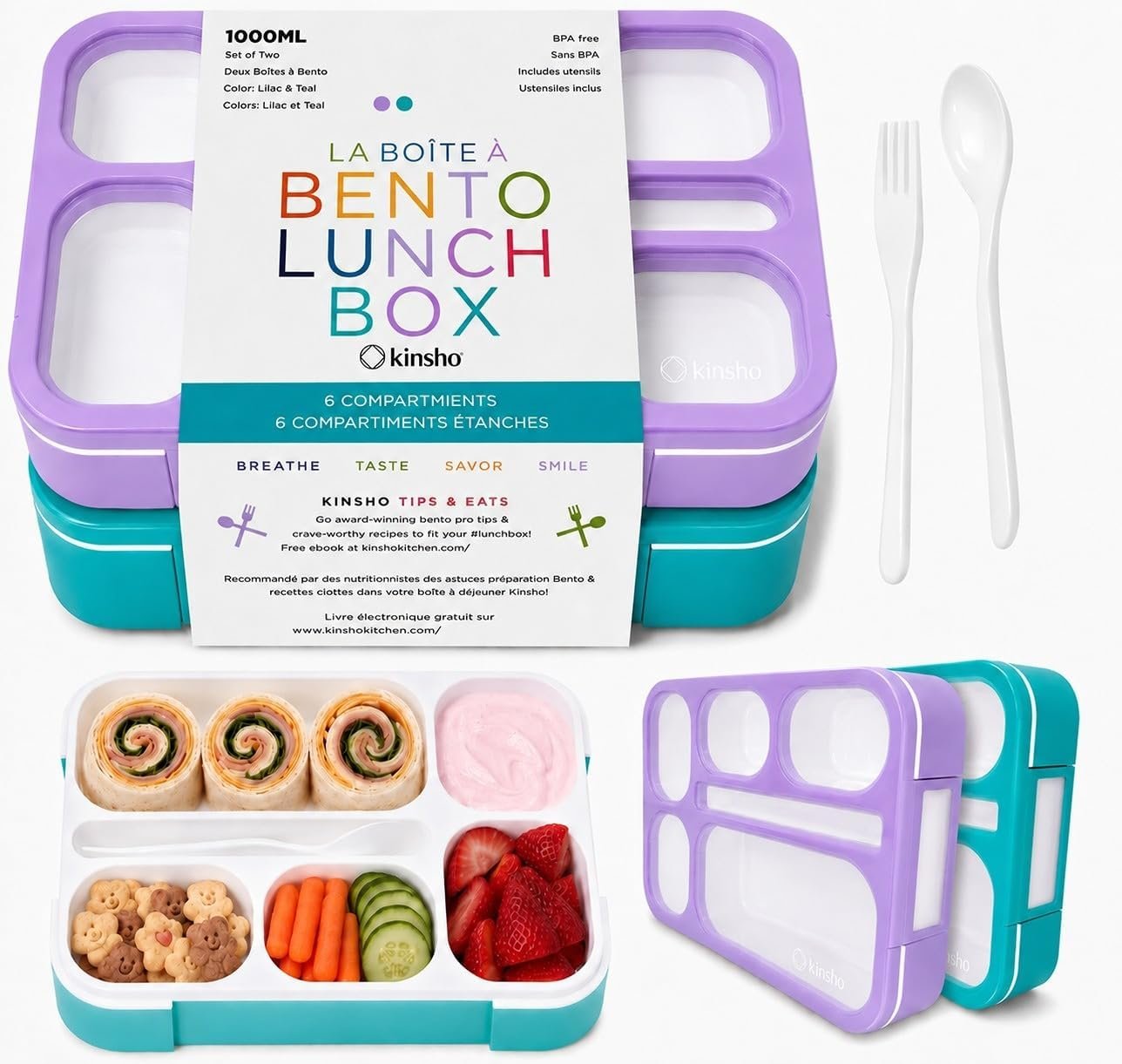 kinsho Bento Lunch Box Containers for Kids or Adults, Purple & Teal Set