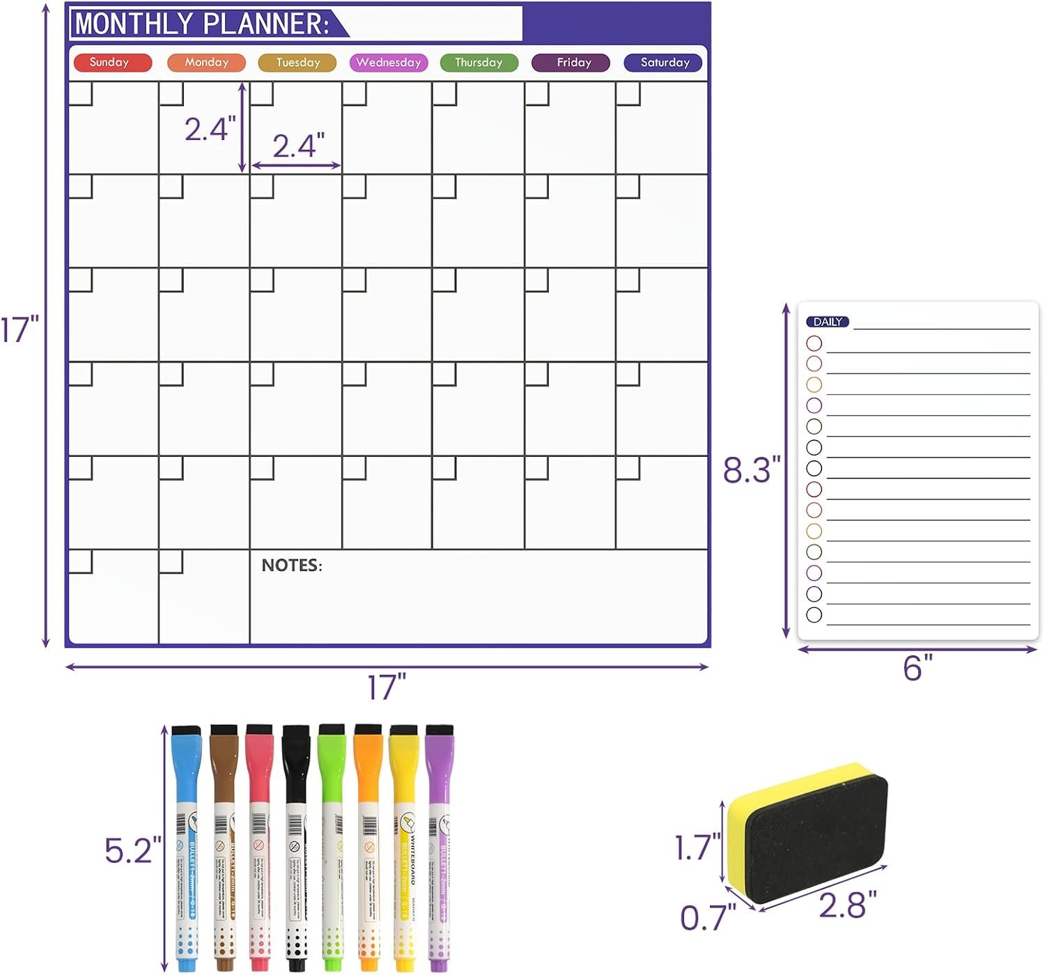 Monthly Magnetic Calendar for Refrigerator – 17″x17″ Dry Erase Board, Large Writing Space, 8 Markers & Eraser – Family Schedule Planner, Stain-Resistant with Strong Magnets (Sunday Start)