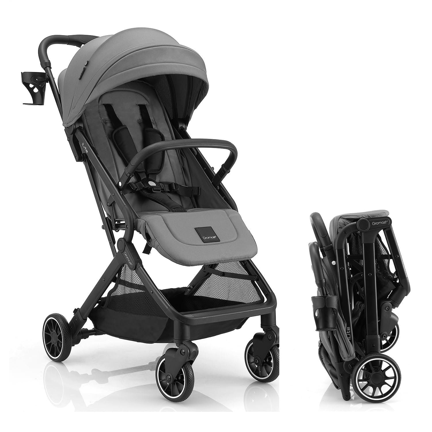 Gromast Compact Fold Baby Stroller, Lightweight Travel Toddler Stroller with One-Click Fold, Extendable UPF50+ Canopy, Cup Holder, UV Protected and Waterproof, One-Hand Folding – Gray
