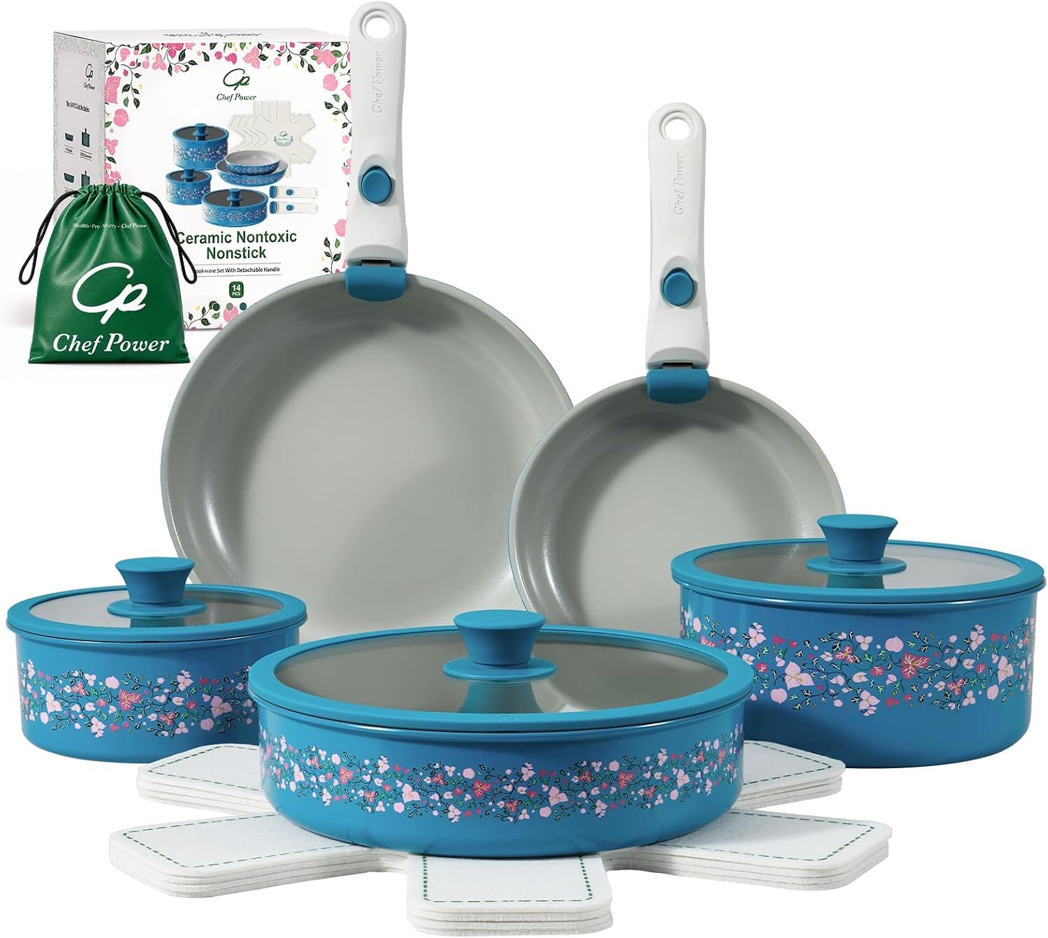 Chef Power Ceramic Cookware Set Non Toxic with Detachable Handles, Healthy Nonstick Decal Pans and Pots Set 14 Pcs, Induction Dishwasher Oven Safe Kitchen Set, Turquoise with Bougainvillea