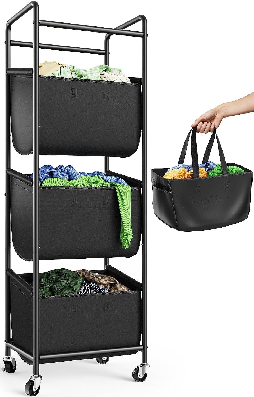 3 Section Laundry Sorter with Removable Bags, 120L Rolling Vertical Laundry Hamper, Stackable Laundry Baskets organizer for Bathroom, Apartment, Dorm (Black, With Wheel)
