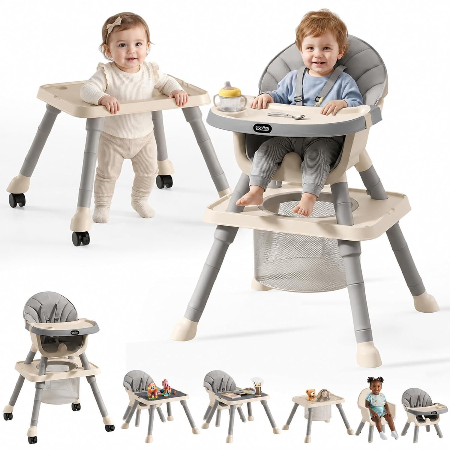 9-in-1 Convertible Baby High Chair for 6 Months to 8 Years, Grow-with-Me Highchair for Toddlers and Infants with 5-Point Safety Harness, Lockable Wheels, Adjustable Removable Tray, BPA-Free (Grey)