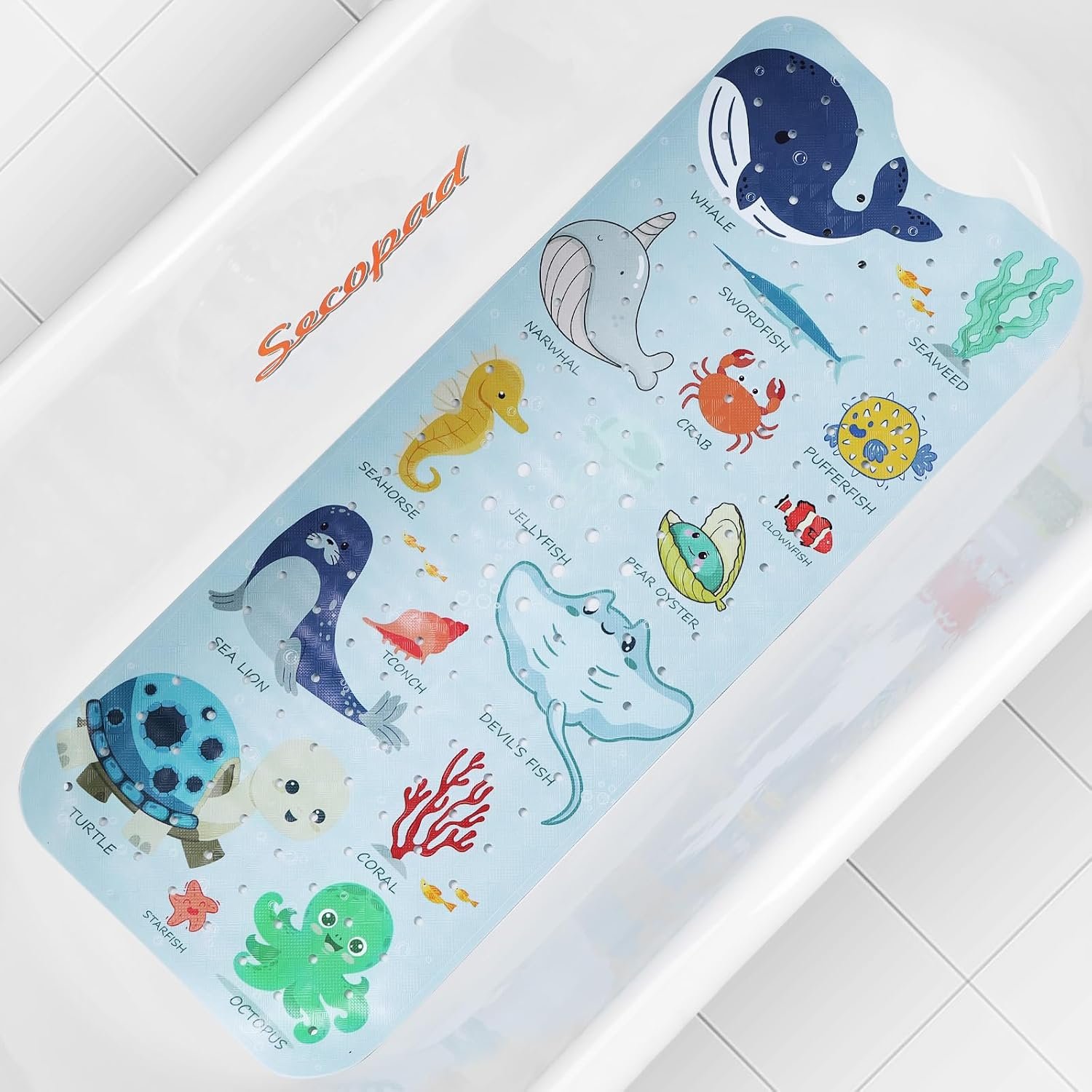 Secopad Bathtub Mat Non Slip, Cute Tub Mat, 40″ x 16″, Blue Sea Animals