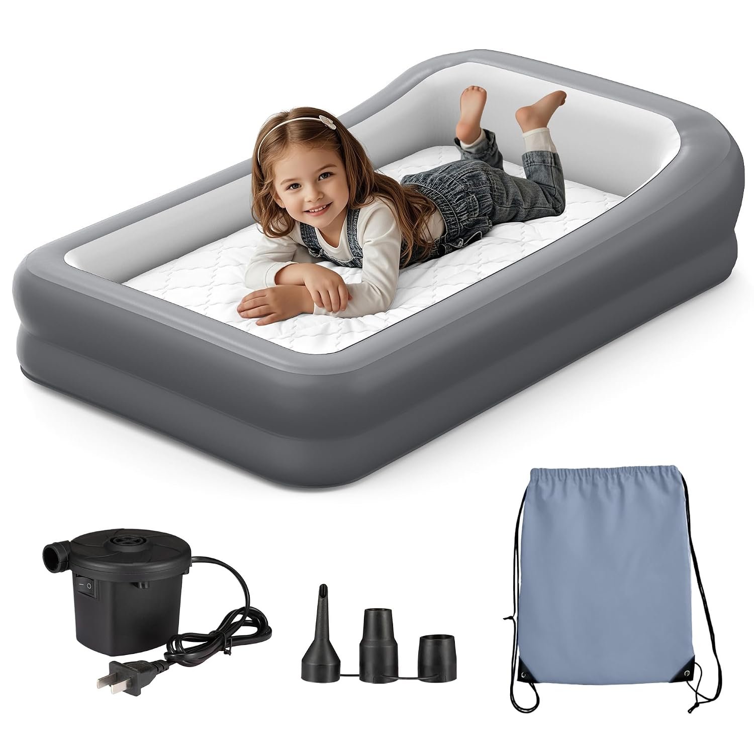 GloTika Toddler Travel Bed, Inflatable Air Mattress, Roll-Off Bumpers 63″