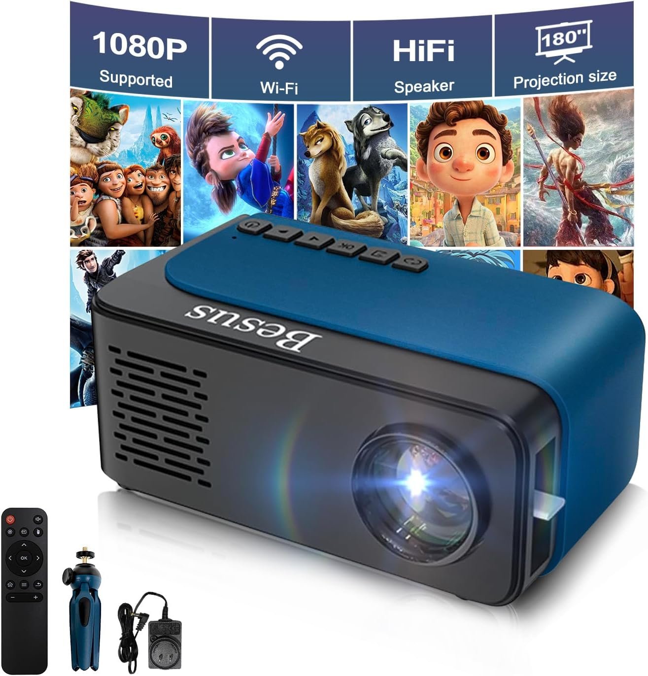 Mini Projector, HD 1080P WiFi Video Projector, Portable Outdoor Projector with Tripod, Gift for Kids, Home Theater Movie Phone Projector Compatible with USB, AV, Smartphone/Tablet/Laptop (cyan)