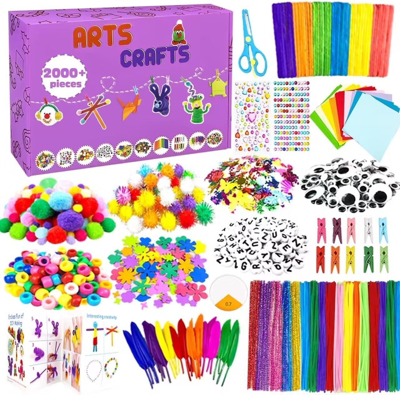 2000 Pcs DIY Arts and Crafts Supplies Kit for Kids – Kids Craft Kits Art Supplies Material Set with Pipe Cleaner All in 1 Crafting Collage Activity for Toddlers Gifts Toys Age 5 6 7 8 9 Year Old Girls