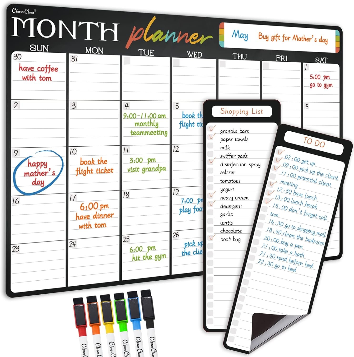 Magnetic Dry Erase Monthly Calendar – 17″x12″ Monthly Calendar for Fridge – 4″x12″ List Board 2 Pcs – 6 Extra Fine Point Markers Included – Shipped Flat