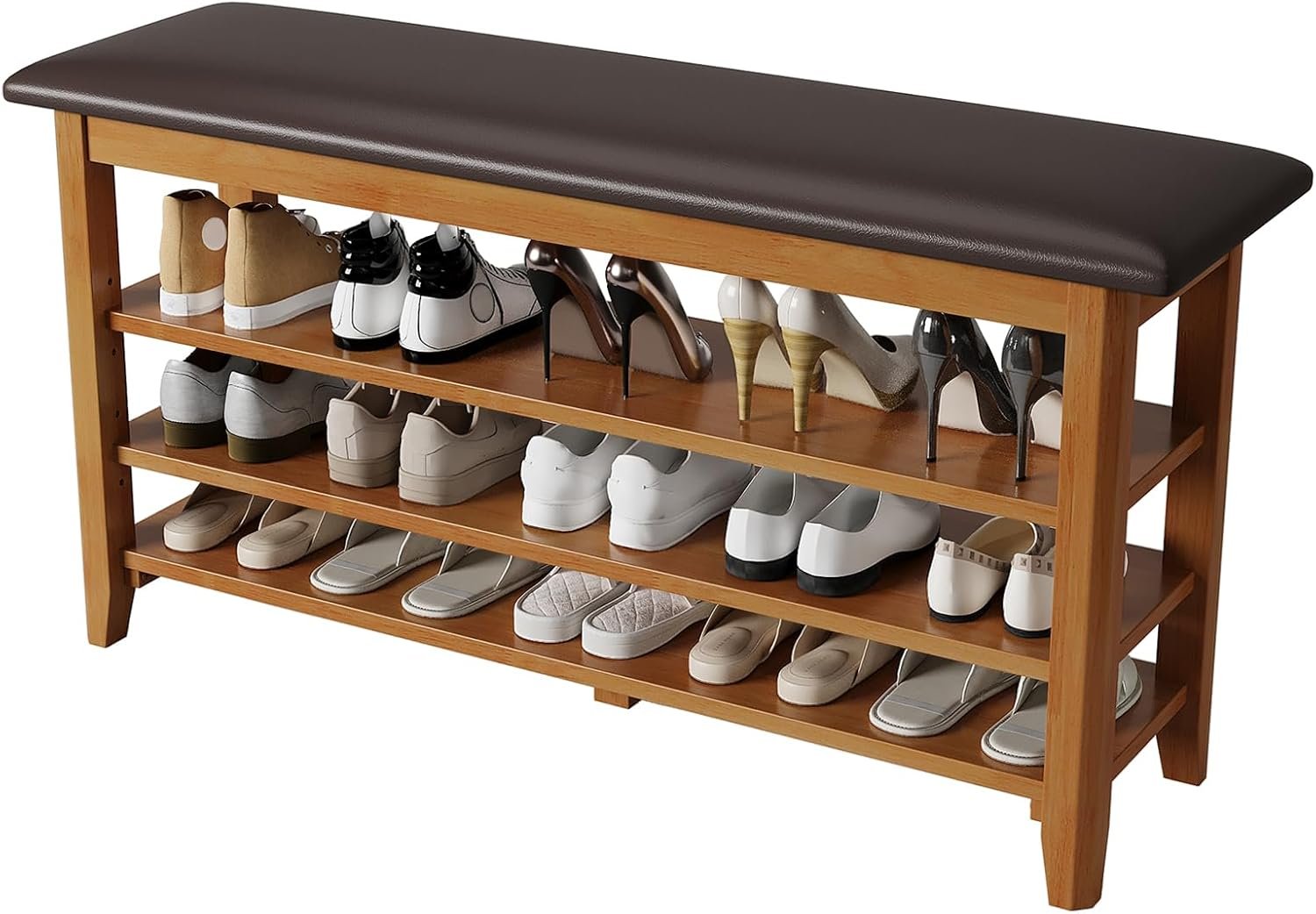39.3″ Shoe Rack Bench Entryway, Solid Wood with Leather Cushion