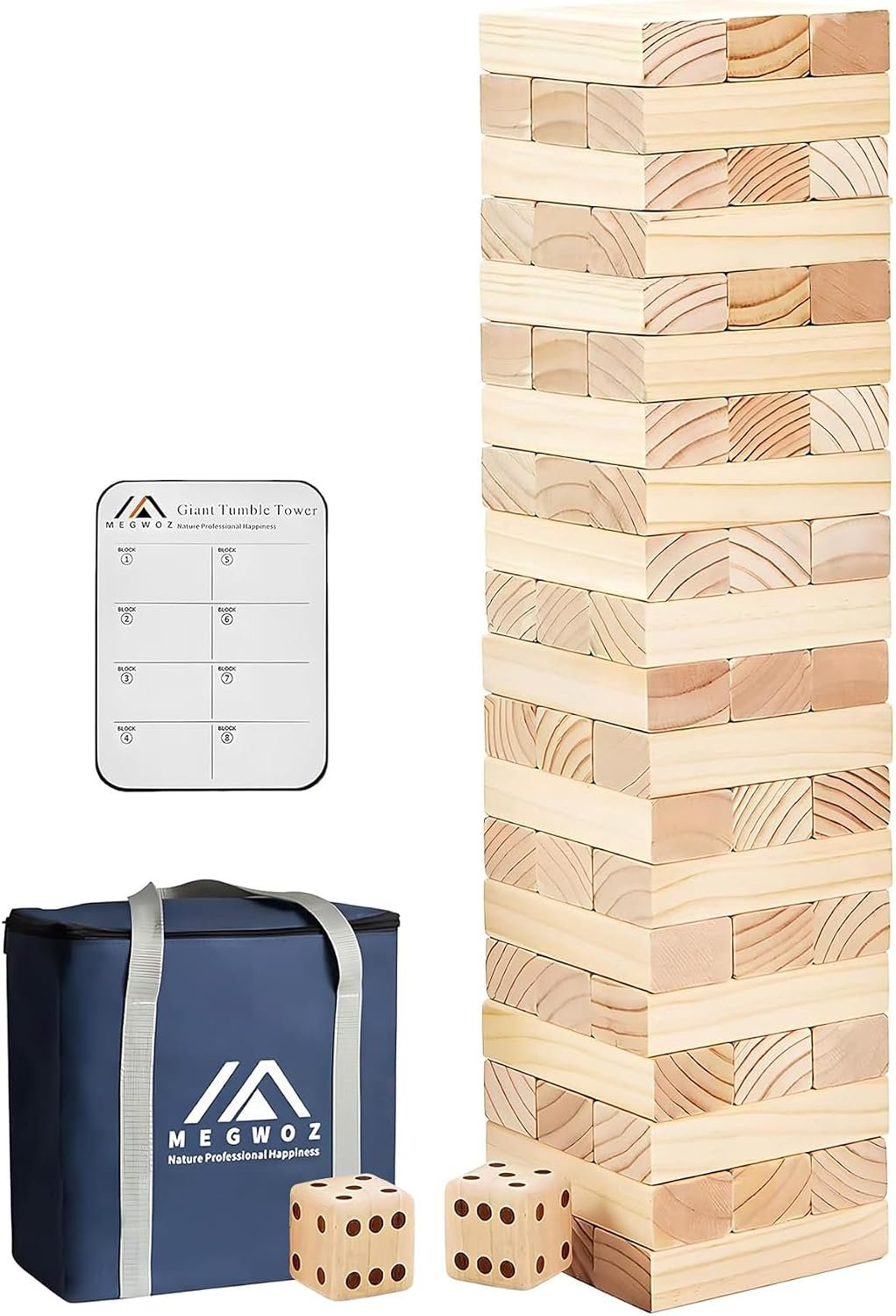 Megwoz Giant Tumble Tower Family Games for Kids and Adults 60 Blocks New Zealand Pine Wooden Blocks Stacking Up to 5 FT for Indoors Outdoors Yard Games for Family