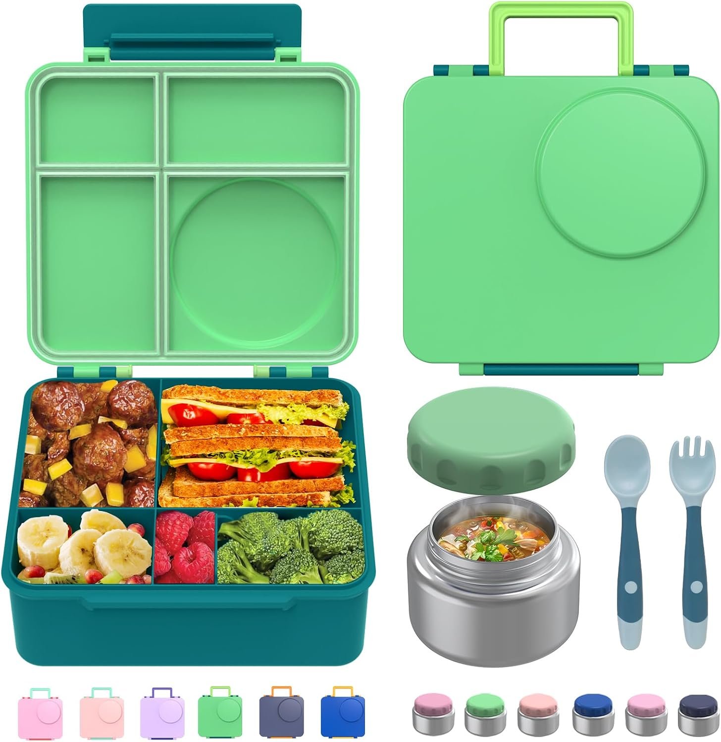 Bento Box for Kids – Leak-Proof Bento Lunch Box with Insulated Thermo Food Jar – 4 Compartments, 1 Removable Divider, 1 Spoon, 1 Fork – Dishwasher Safe, BPA-Free (Green)