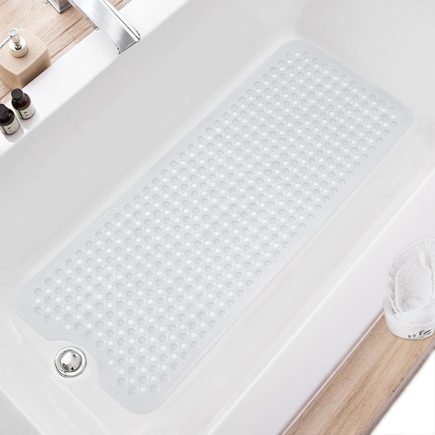 TEESHLY Bath Tub and Shower Mats, Non Slip 40 x 16 Inch Extra Long Bathtub Mat, Machine Washable Bathmat with Drain Holes, Suction Cups for Bathroom Floor, Clear